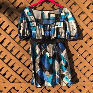 Y2K Vintage 90s Blue Black Silver Blouse Square Neckline Babydoll S